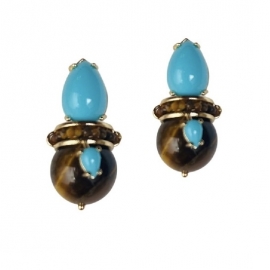 Brinco Turquesa e Pedra Olho de Tigre Ouro