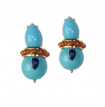 Brinco Turquesa e Safira Azul  Ouro