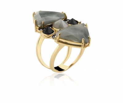 Anel Bach Pedra Olho de Gato e Onix Ouro