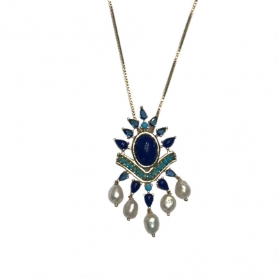 COLAR LONGO PÉROLA E SAFIRA AZUL-OURO
