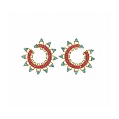 Brinco Solaris Turquesa e Coral Ouro 18K