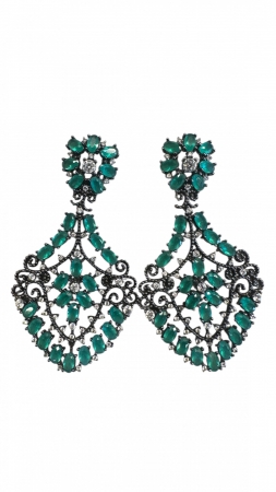 Brinco Luxo Esmeralda Gota Cravejada em Prata 925 com Banho Ródio Negro